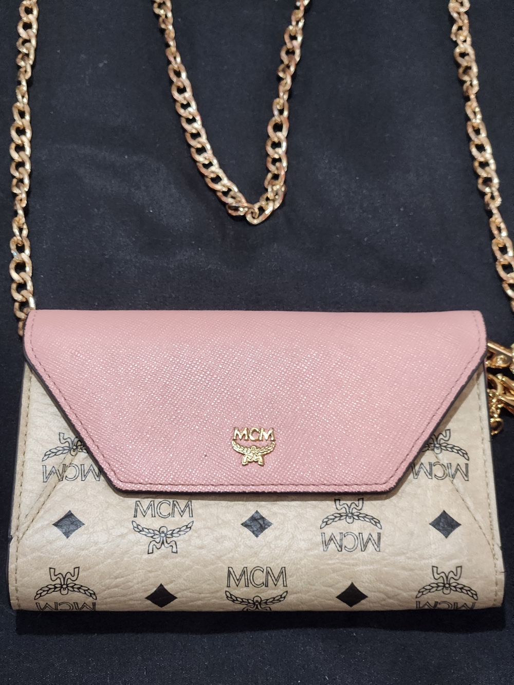Authentic MCM Pink & Beige Logo Chain Wallet Crossbody